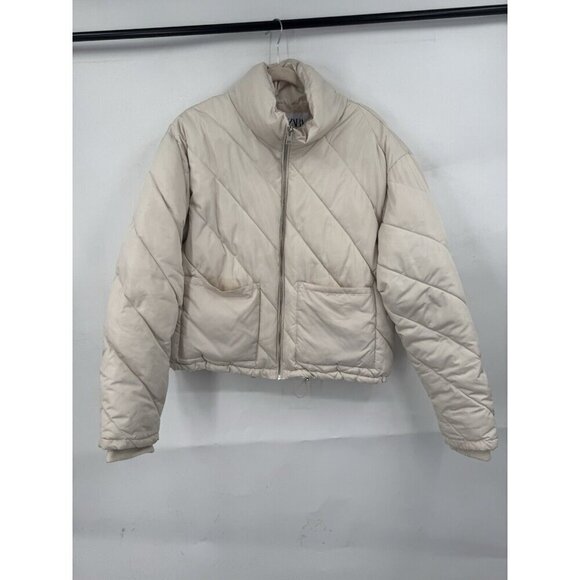 Zara Jackets & Blazers - Zara Puffer Jacket Women Medium Beige Cropped Preppy Minimalist Full‎ Zip